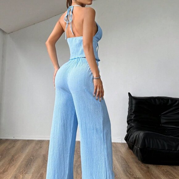Blue Sexy Women's Textured Fabric Pleated Halter Neck Loose Wide Leg Pants Set - Picture 3 of 6